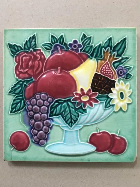 Vintage Majolica Tile FRUITS BASKET 6in x 6in Japan.  (9232)