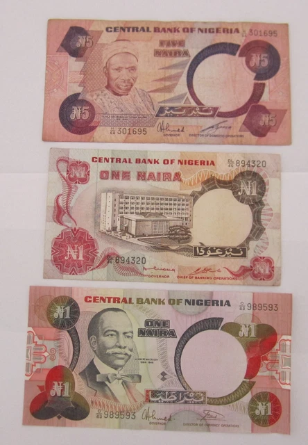 Central Bank of Nigeria 1 , 1 ,& 5 Naira  Banknotes Fine Circulated) Ref:245