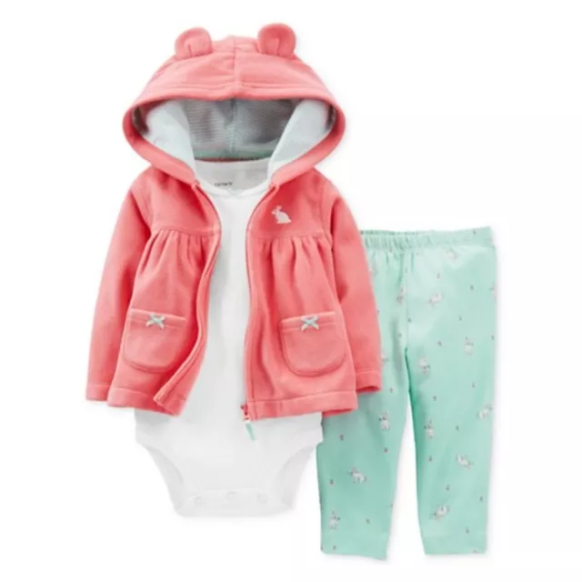 Carters Infant Girls 3 Piece Set Pink Bunny Rabbit Hoodie Leggings & Shirt