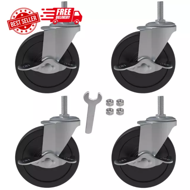 4x 4 Inch Brake Threaded Stem Casters 3/8"-16x1", Swivel Rubber Caster Wheels