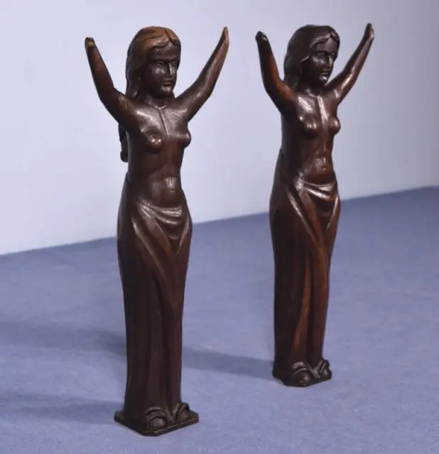 *13" Pair of Antique Carved Figures Posts Pillars Architectural Oak Women
