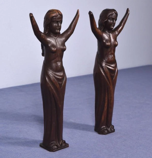*13" Pair of Antique Carved Figures Posts Pillars Architectural Oak Women