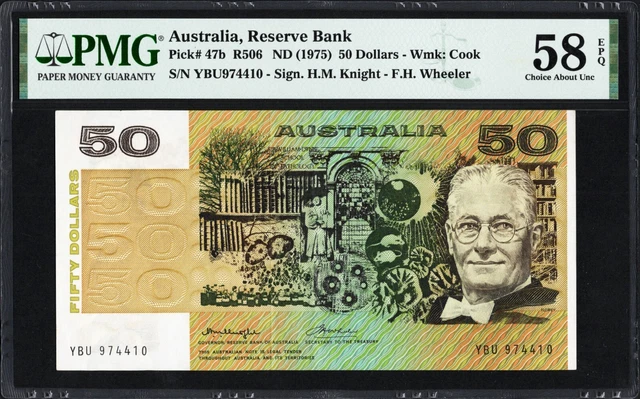 Australia 50 Dollars 47b R506 1975 Knight Wheeler PMG58 aUNC EPQ Banknote CENTRE