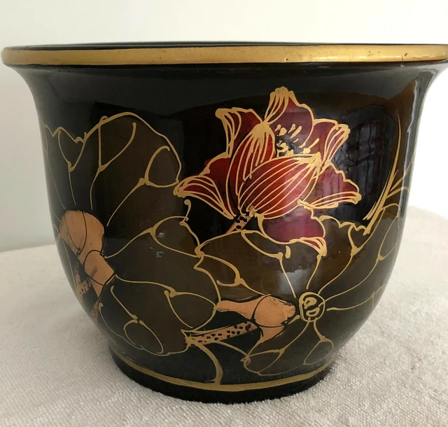 RARE VTG ANTIQUE Chinese Asian Fish Bowl Planter Vase Black Gold Hand