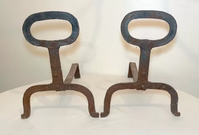 pair of 2 antique 18th century cast wrought iron fireplace andirons firedogs .