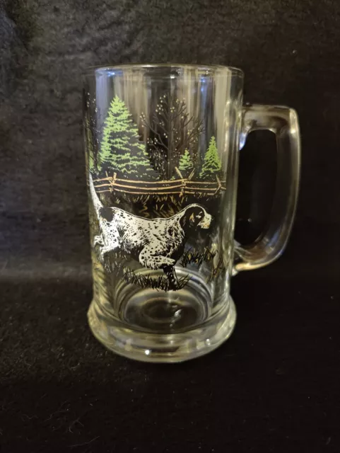 Outdoorsman Beer Stein Hunting Bird Dog hunting Pheasant.  12oz Glass Vintage