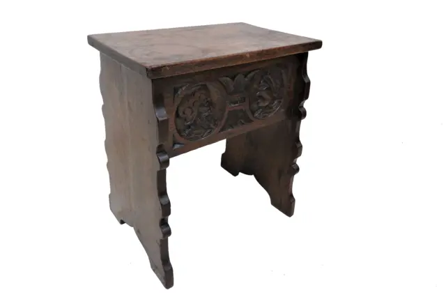 Antique English Dark Oak Heavily Carved Wood Stool With Lift Top