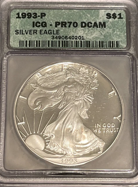 1993-P 1oz .999 FINE SILVER AMERICAN EAGLE DOLLAR S$1 ICG PR 70 DCAM