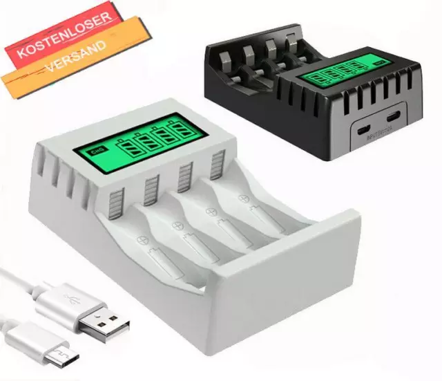 4 Slots LCD Akku Ladegerät USB Kable für AAA AA Lithium Nimh Batterie DE