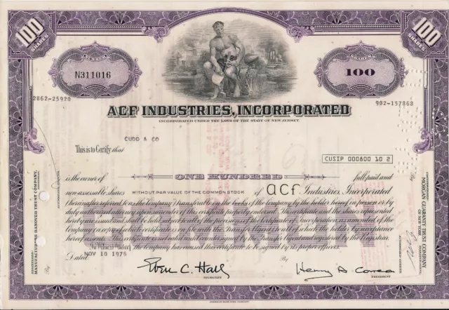 Stock certificate American Car & Foundry Comp. (ACF Industries Inc) 100 Shares