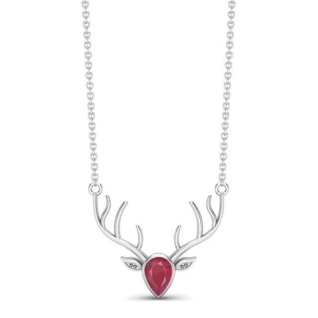 Rubin Glas Gefüllt 925 Sterlingsilber Realistisch Hirsch Kopf Gesicht Kette