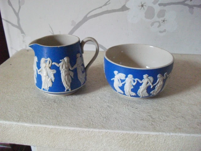 ANTIQUE Copeland Late Spode cameo jasper ware blue & white SMALL JUG AND BOWL