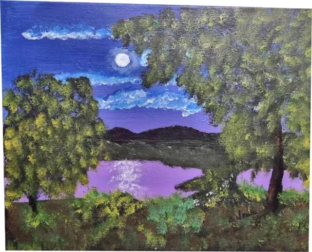 Acrylic Landscape Art Painting Original Canvas Paint Moonlight Moon Lake BNeale