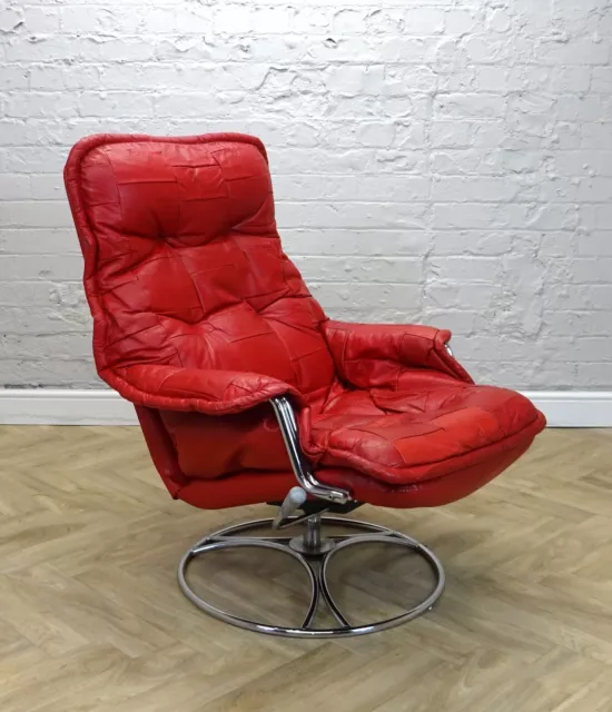 Mid-Century Vintage Swedish Red Leather and Chrome Reclining Lounge Armchair 70s