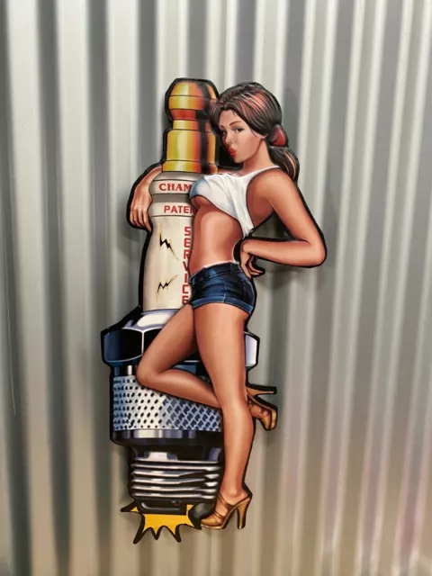 Champion Spark Plug Pin Up Girl Huge Embossed Sign Hot Rod Ford Chev