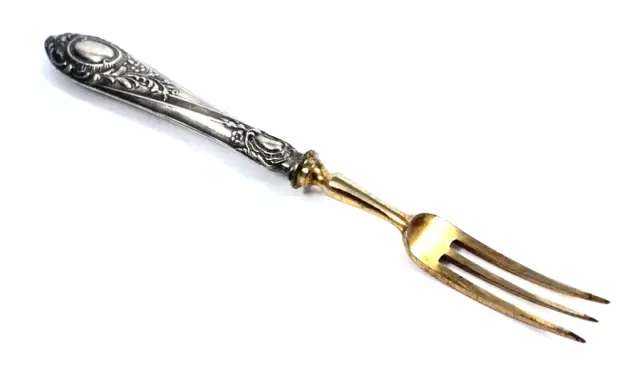 Antique 84 Russian Imperial Silver Lemon Fork 3 Tine Gilt 19th Century Signed 7"