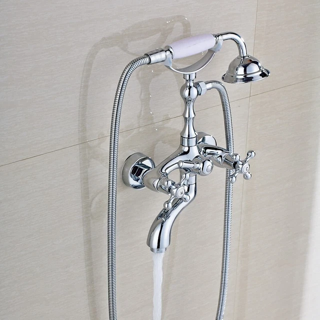 Chrome Brass Claw-foot Bathtub Faucet Wall Mounted Tub Faucet Handheld Shower