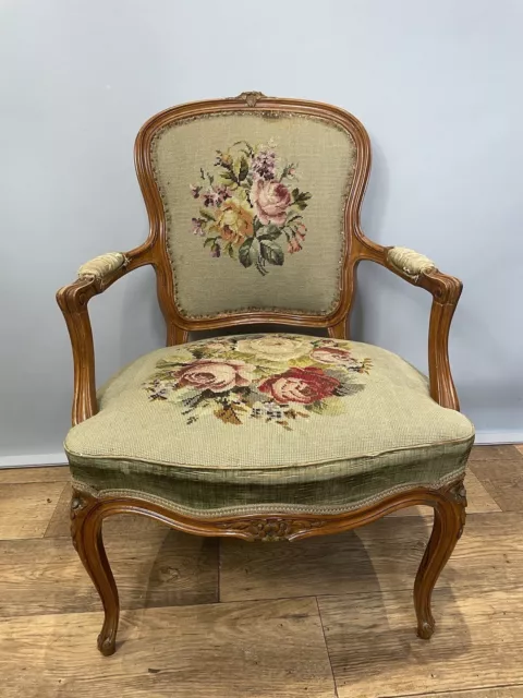 Antique Armchair Walnut Needlepoint Tapestry Salon Reading Arm Chair