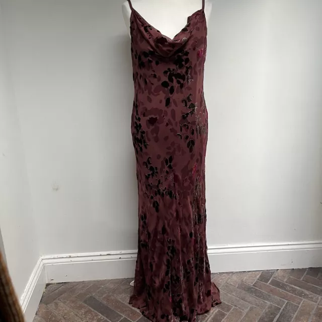 Vintage Monsoon 90s Maxi Dress UK 16 Burgundy Devore Velvet Bias Cowl Silk Mix