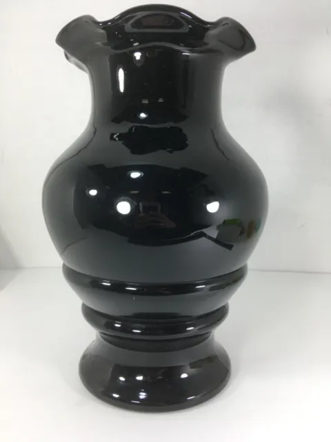 Large Elegant Black Amethyst Cranberry Glass Vase Tall Ruffled Edge