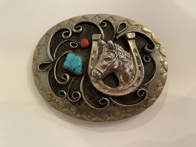 Vintage Southwest Turquoise Coral Style Horse Horseshoe Belt Buckle - BEAUTIFUL