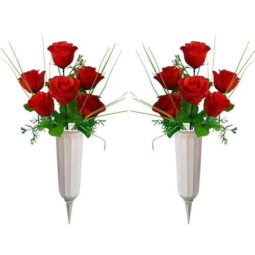 Flores de cementerio con jarrón para tumba - 2 juegos de hermosa decoración conmemorativa