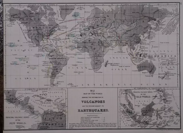 Old 1878 Mitchell's School Atlas Map ~ VOLCANOES - EARTHQUAKES of the WORLD