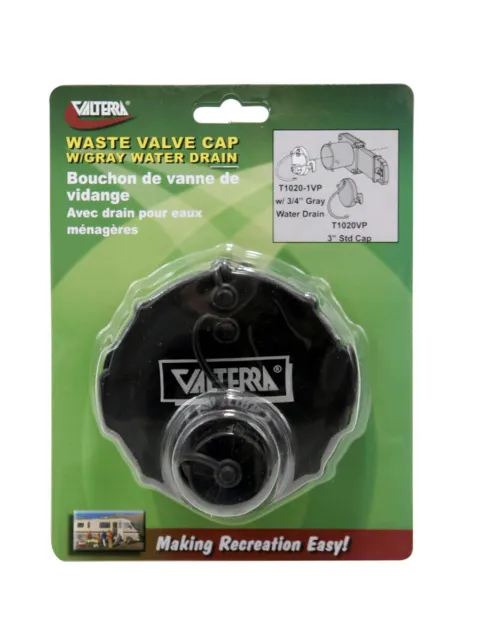 Valterra T1020 1Vp Waste Valve Cap   3" With Capped 3/4" Ght, Black (Carded)
