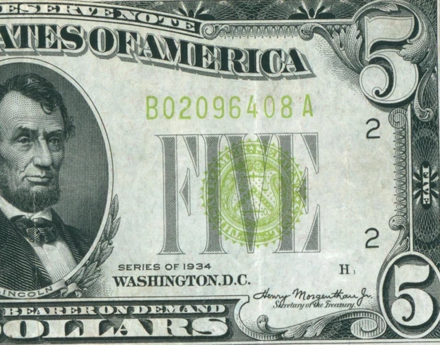 $5 1934 LGS LIME ((LIGHT GREEN SEAL)) Federal Reserve Note DAILY CURRENCY