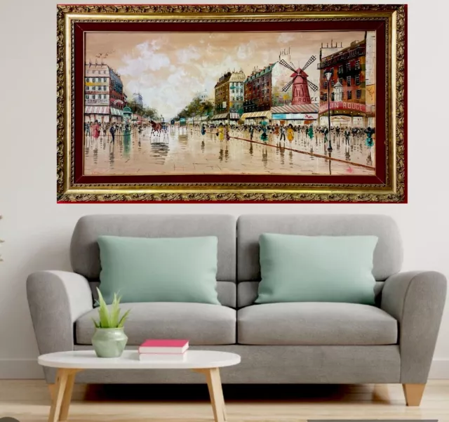 quadro dipinto olio su tela paesaggio parigi stile antico 900 con cornice grande