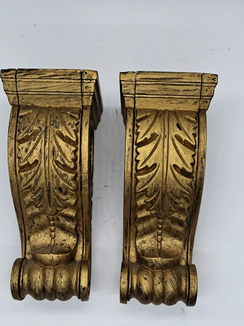 Set of 2 Distressed Gold Drapery Curtain Rod Wall Sconce Corbel Holders