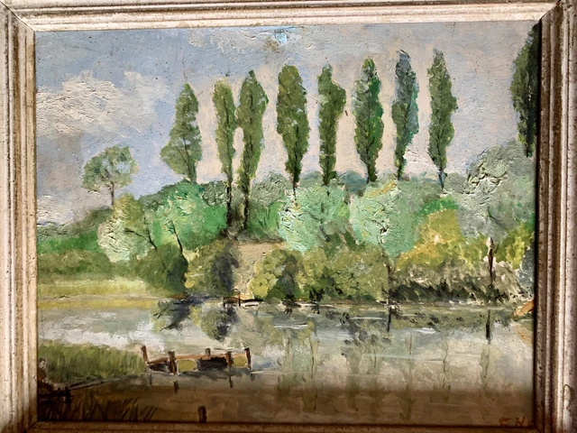 tableau-ancien-huile-sur-isorel-paysage-bord-de-l-eau-eur-50-00