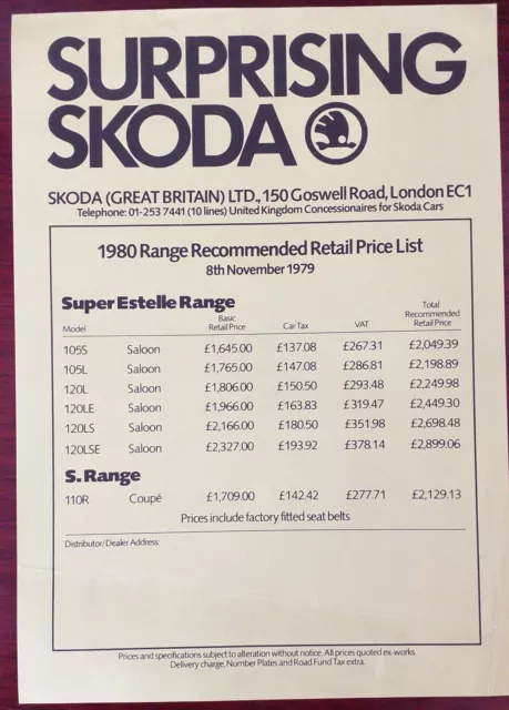 Surprising Skoda price list yellow sheet sales marketing 1979 One Sided