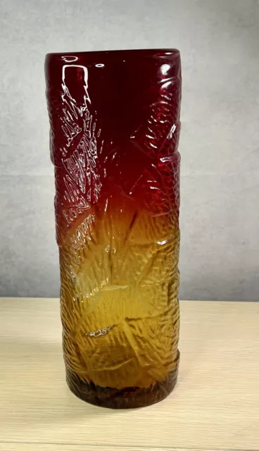 Vintage Blenko? Red And Yellow Hand Blown Heavy Glass Vase 12”