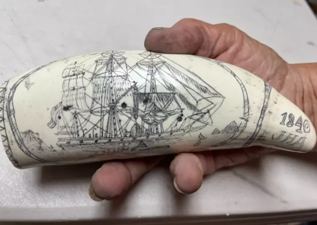 NEW! Sperm whale tooth scrimshaw replica "SHIP ALBATROSS" fine details  historic