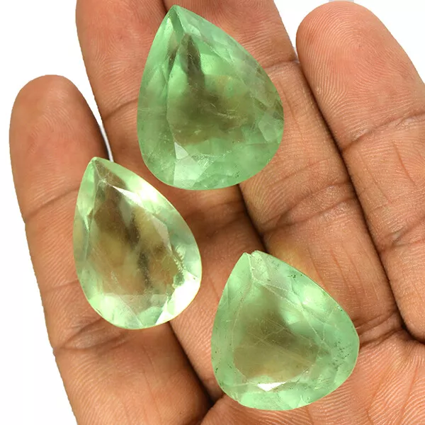 176 CT / 3 Pièces en Gros Lot Vert Naturel Fluorine Poire Coupe Forme Libre