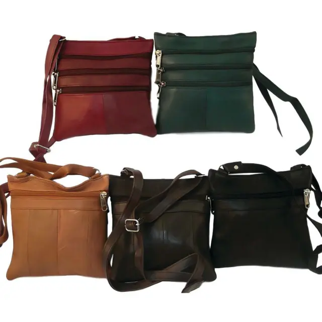 Leather Cross Body Bag Four Zipper Small Travel Purse - Black - Brown  -Wine- Ta