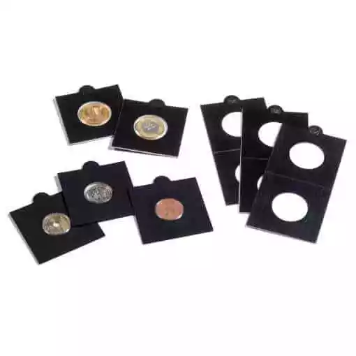 LIGHTHOUSE 25mm BLACK COIN HOLDERS 2 x 2 Self Adhesive Suit 1/- Coin Pack of 100