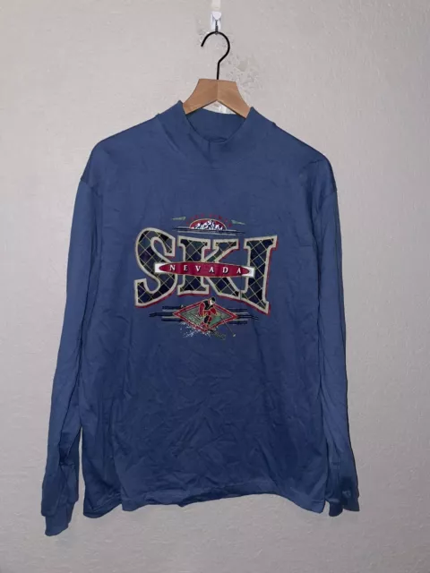 1990s Vintage Ski Lake Tahoe NV Nevada Skiing Blue Long Sleeve Shirt 90s VTG L L