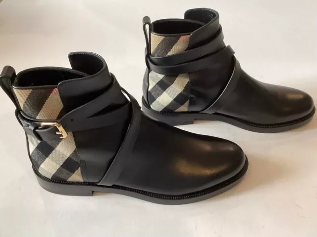 Burberry Nova Check Black Leather Booties, Women's 37.5 (US 7.5-8)