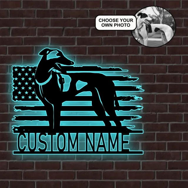 Personalized Greyhound Dog American Flag Metal Sign Led Lights Custom Photo
