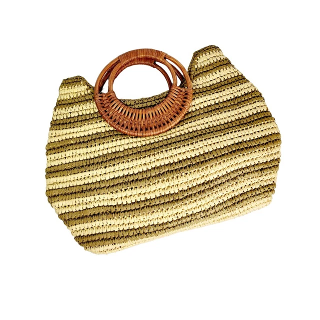 Vintage Straw Studios  Rattan Circle Bamboo Handle Handbag Purse Beach Boho Tan