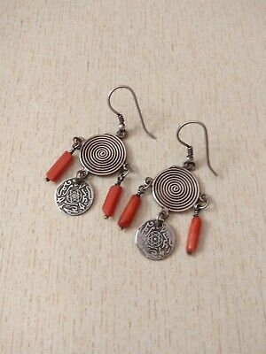 Moroccan Silver Berber Earrings with Old Coral Beads