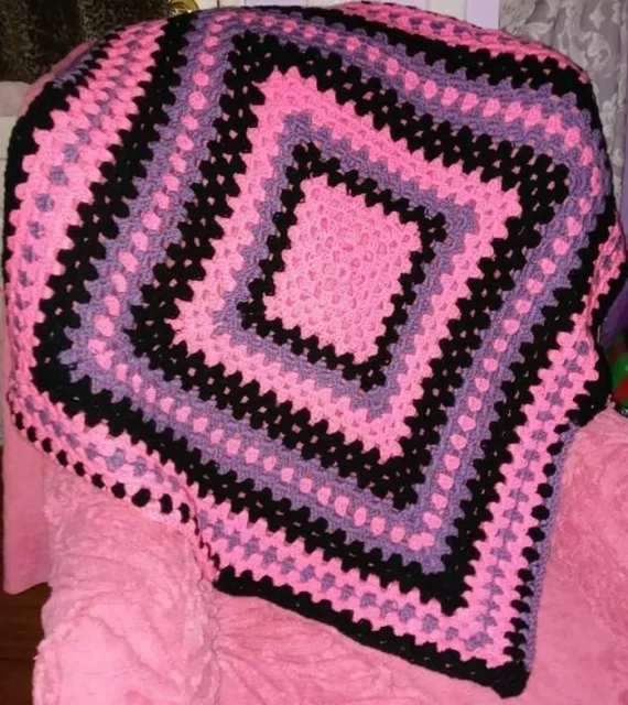 Vintage 70s Pink Black Purple Hippy Grannycore Crochet Knit Throw Afghan Blanket