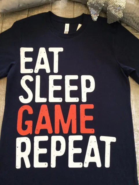 BELLA CANVAS Gamers T Shirt M Navy Top Switch XBox PS Wii EAT SLEEP GAME REPEAT 6