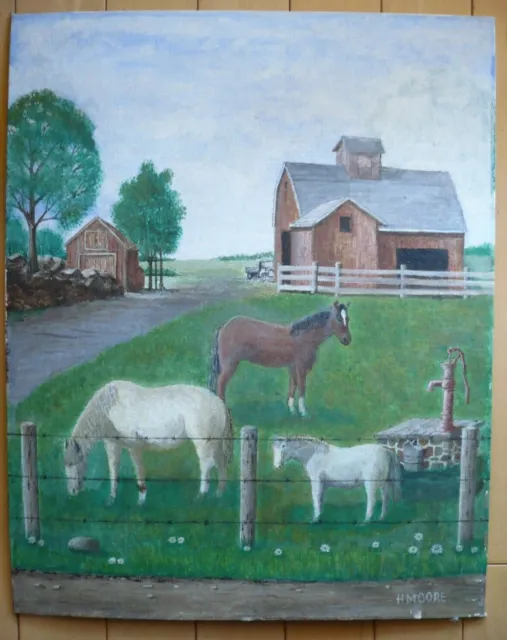 H. Moore Folk Naive Horses Rural Barn Landscape Vintage Old Oil Signed Primitive