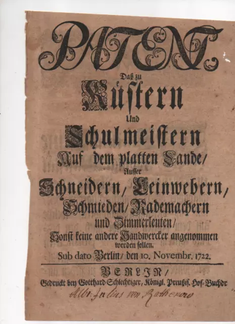 1722 Berlin Verordnung : auf plattem Land nur bestimmte Handwerke erlaubt