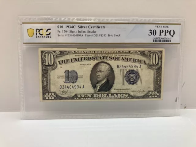 US 1934C $10 Silver Certificate PCGS Graded VF 30 PPQ Very Fine