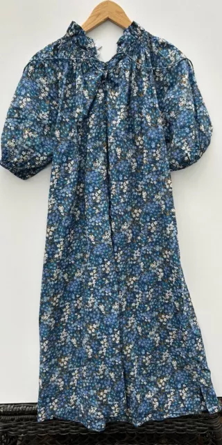 J Crew Liberty Dress XS Sea Blossoms Blue Floral Midi Short Puff Sleeves Cotton