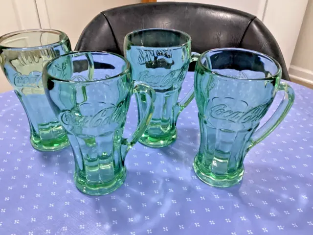 Libbey Coca Cola Coke Glasses Mugs with Handles Thick Green Heavy Glass Set of 4